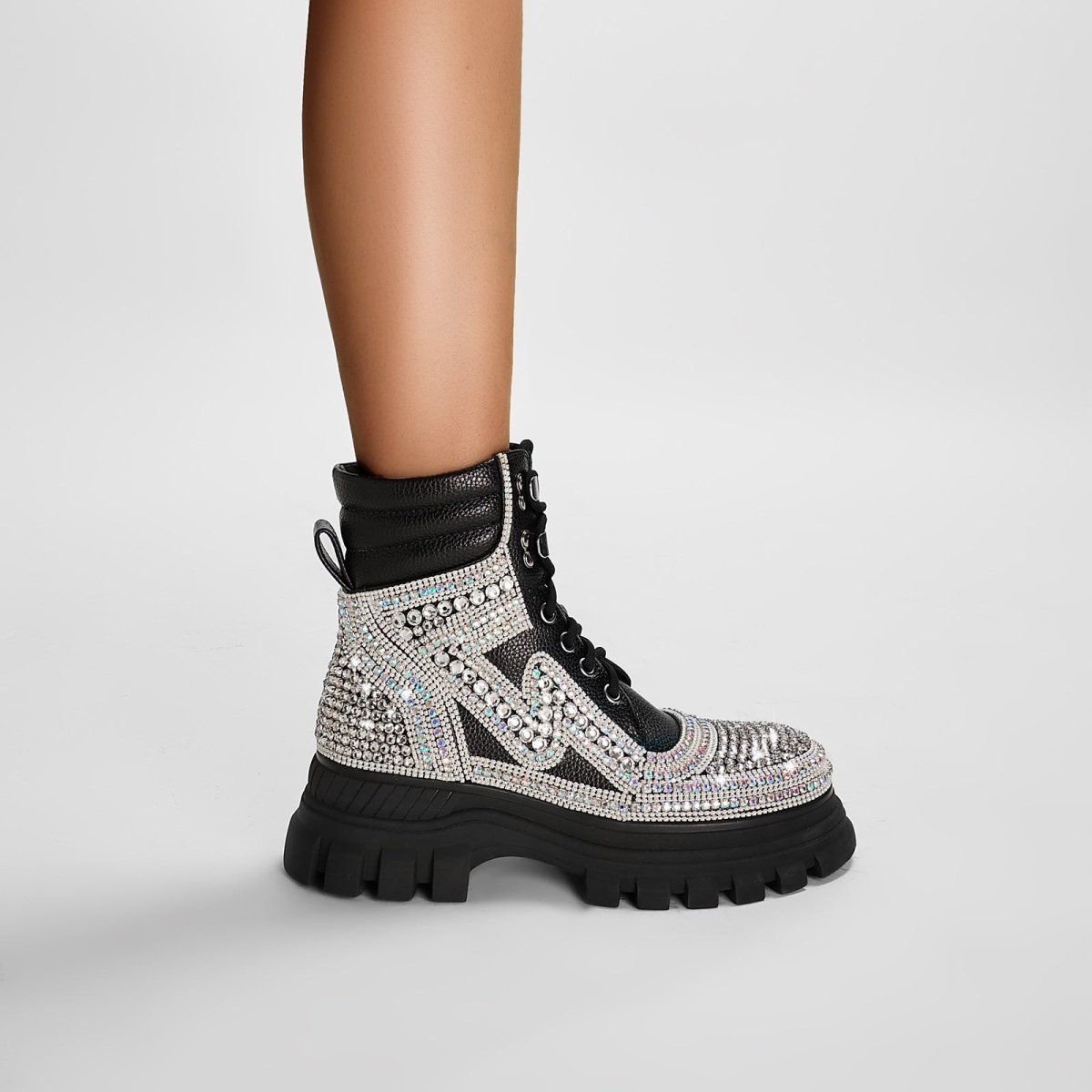 Black Crystal Embellished Walking Ankle Boots - 0cm