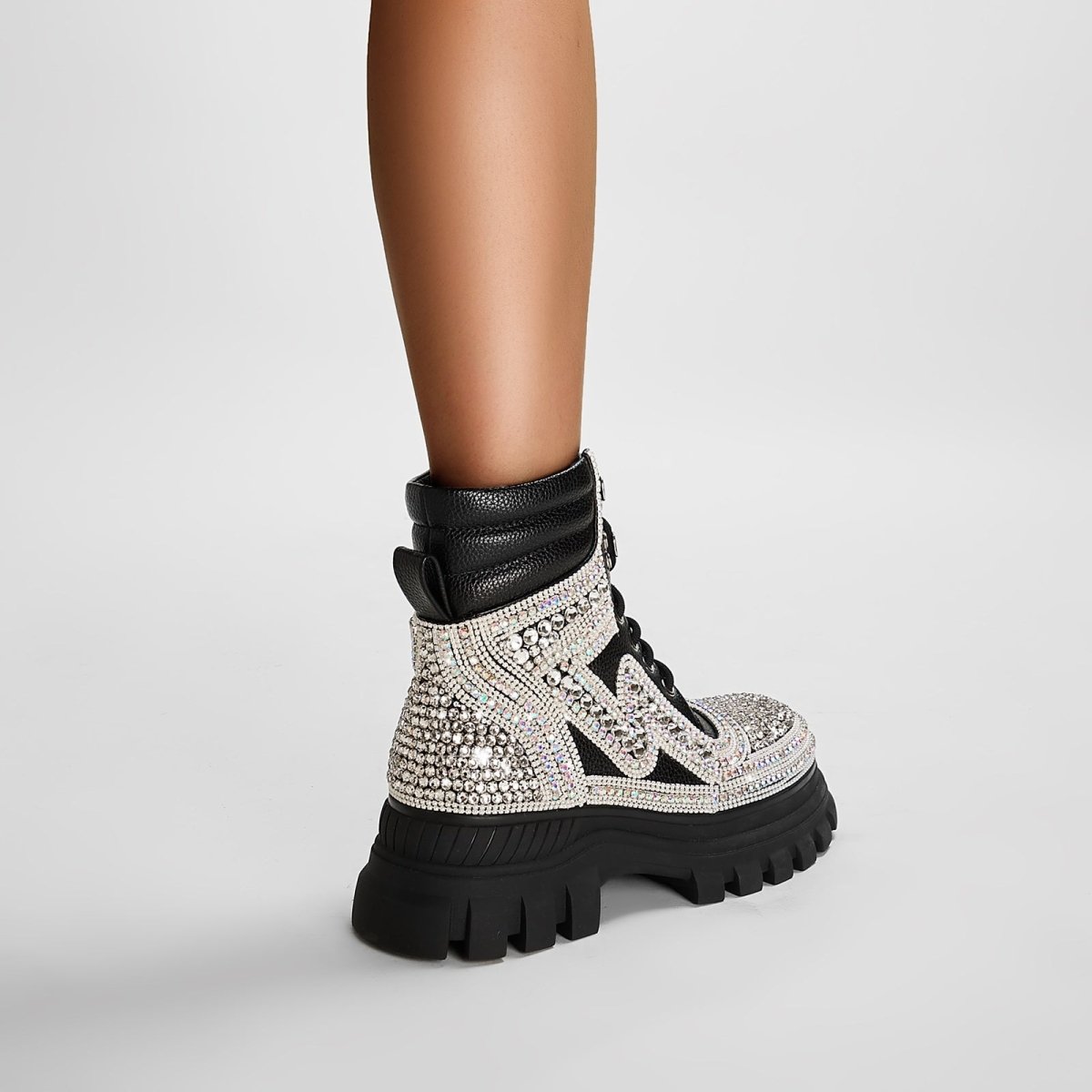 Black Crystal Embellished Walking Ankle Boots - 0cm