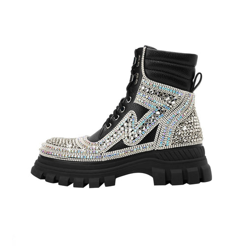 Black Crystal Embellished Walking Ankle Boots - 0cm