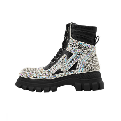 Black Crystal Embellished Walking Ankle Boots