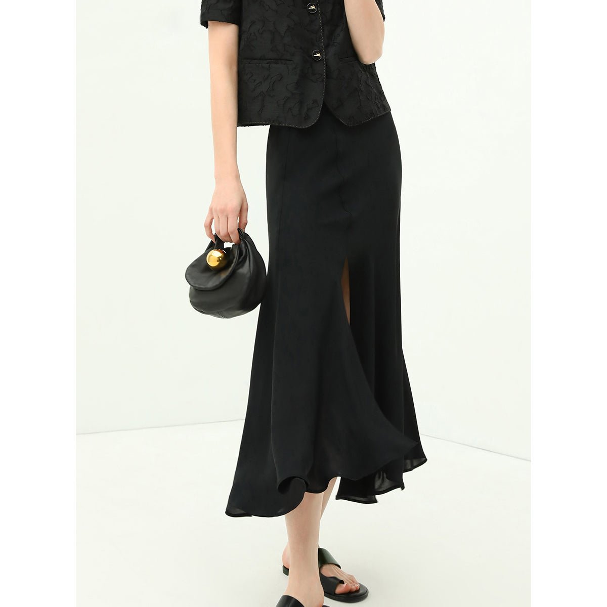 Subtle Front Black Draped Mermaid Skirt | Dreamy Skirt with Subtle Front Slit – 0cm