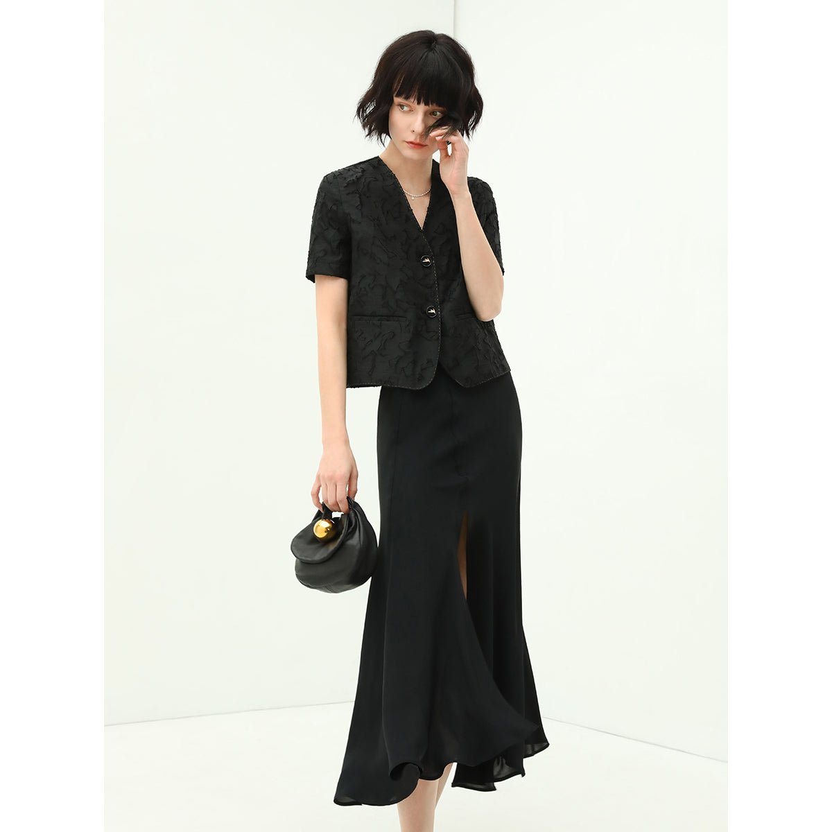 Subtle Front Black Draped Mermaid Skirt with Subtle Front Slit - 0cm