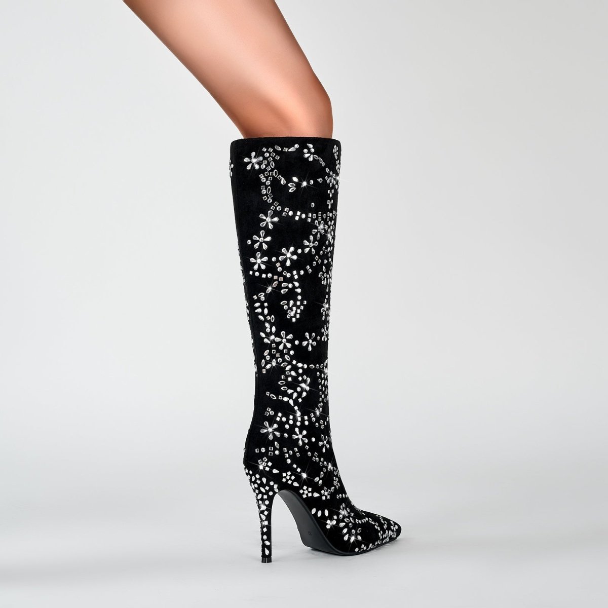 Black Floral Crystal Embellished Knee High Boots - 0cm