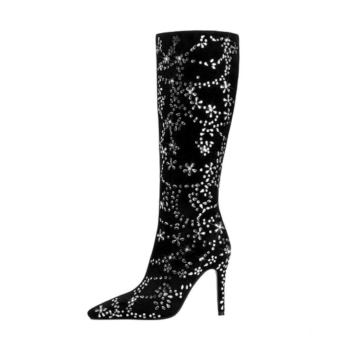 Black Floral Crystal Embellished Knee High Boots - 0cm