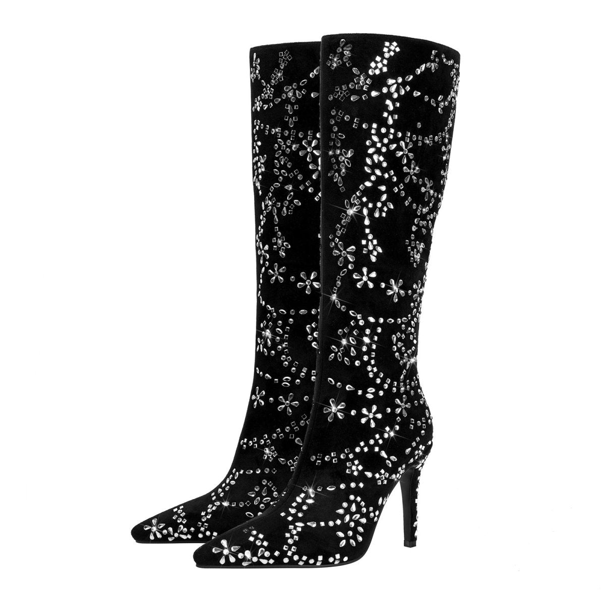 Black Floral Crystal Embellished Knee High Boots - 0cm