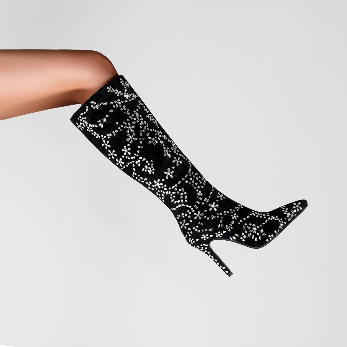 Black Floral Crystal Embellished Knee High Boots - 0cm