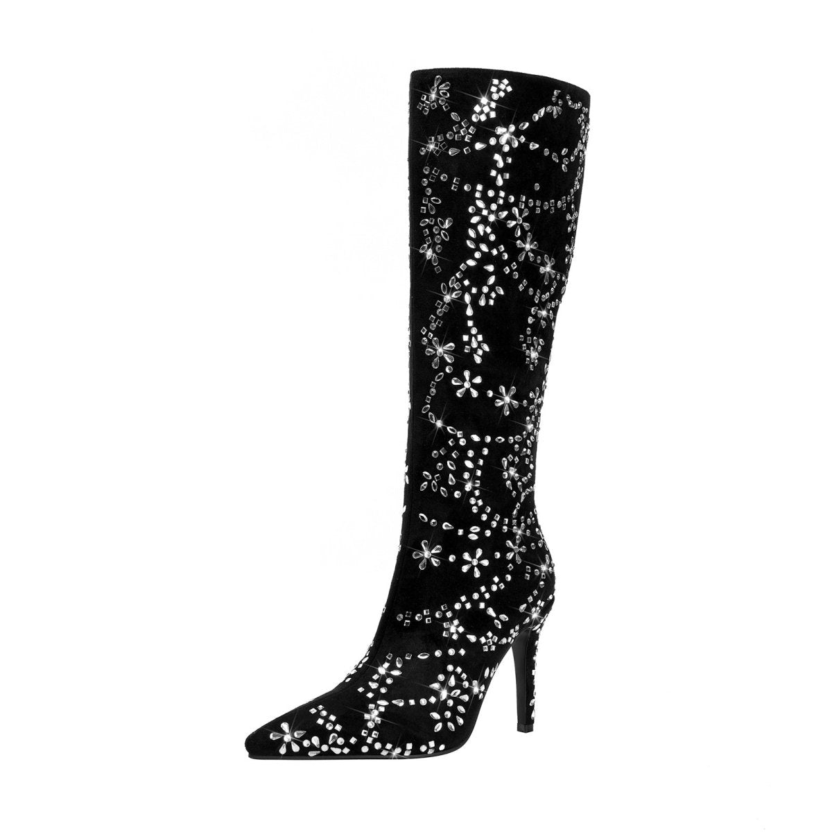 Black Floral Crystal Embellished Knee High Boots - 0cm