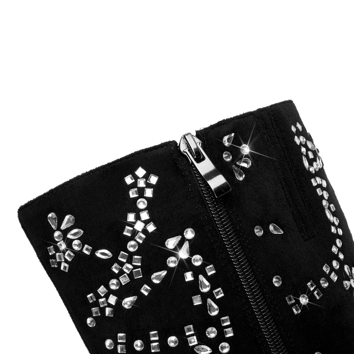 Black Floral Crystal Embellished Knee High Boots - 0cm