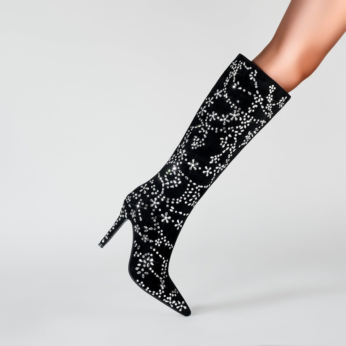 Black Floral Crystal Embellished Knee High Boots - 0cm