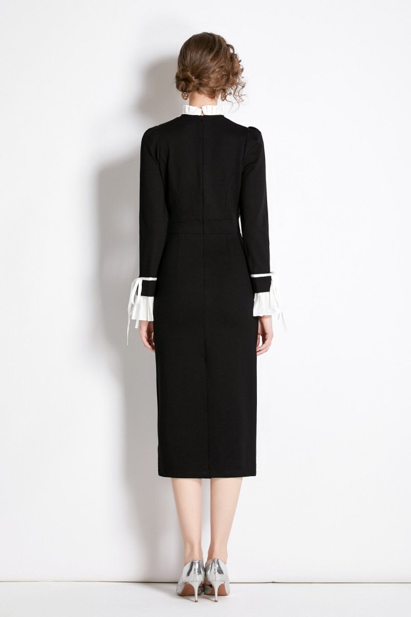 black french paneled button down slim fit dress all black 4