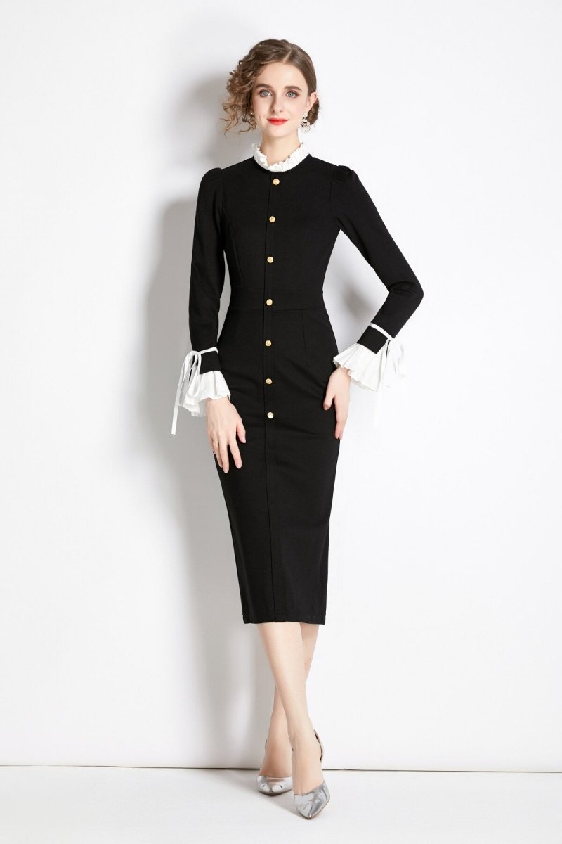 black french paneled button down slim fit dress all black 3