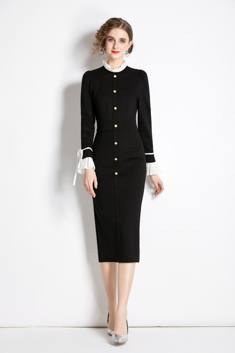 black french paneled button down slim fit dress all black 1