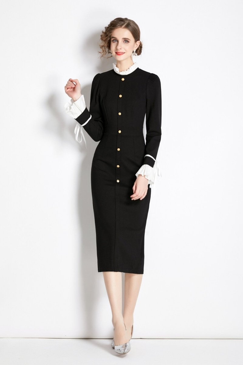 black french paneled button down slim fit dress all black 2