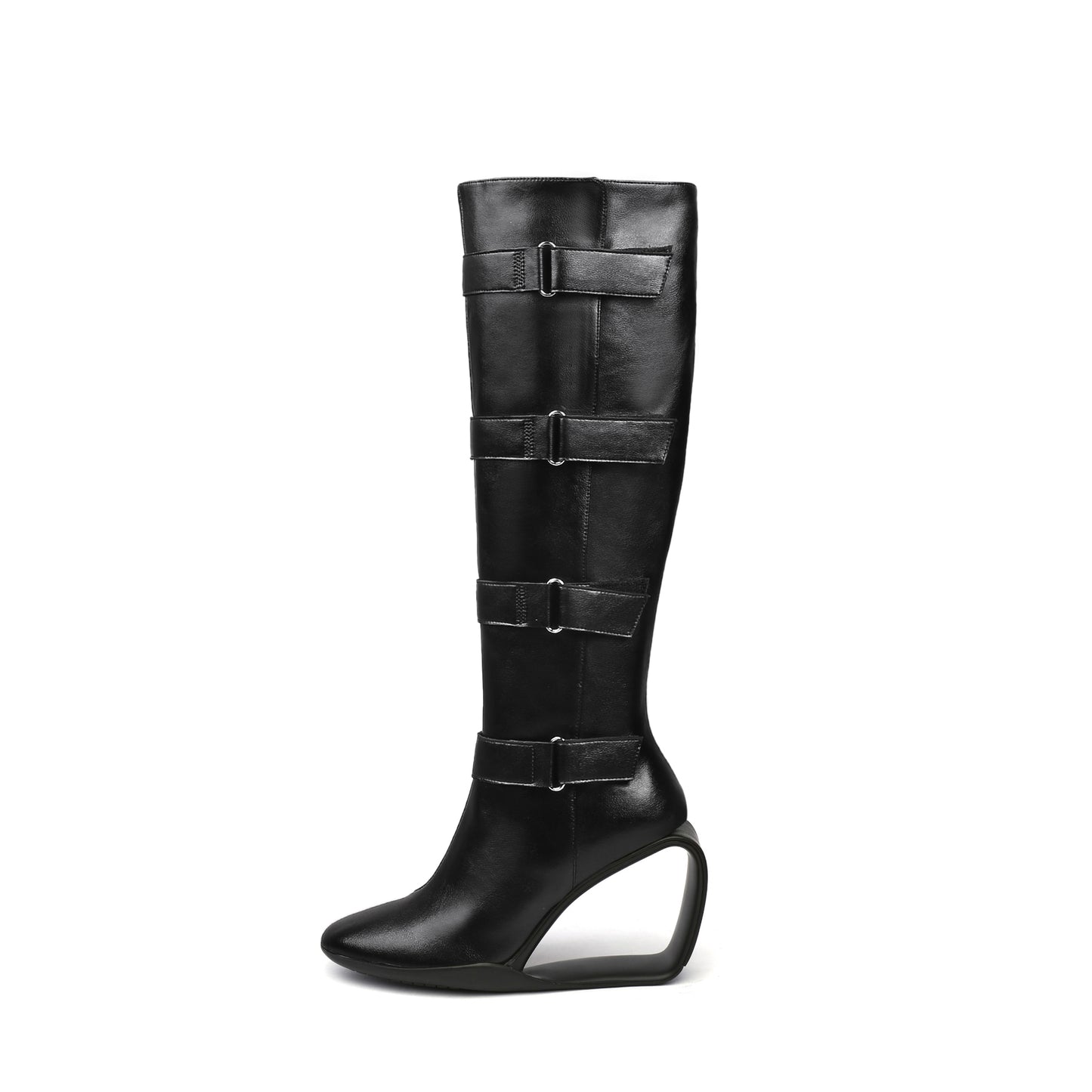 Black Knee High Multi Buckle Strap Boots