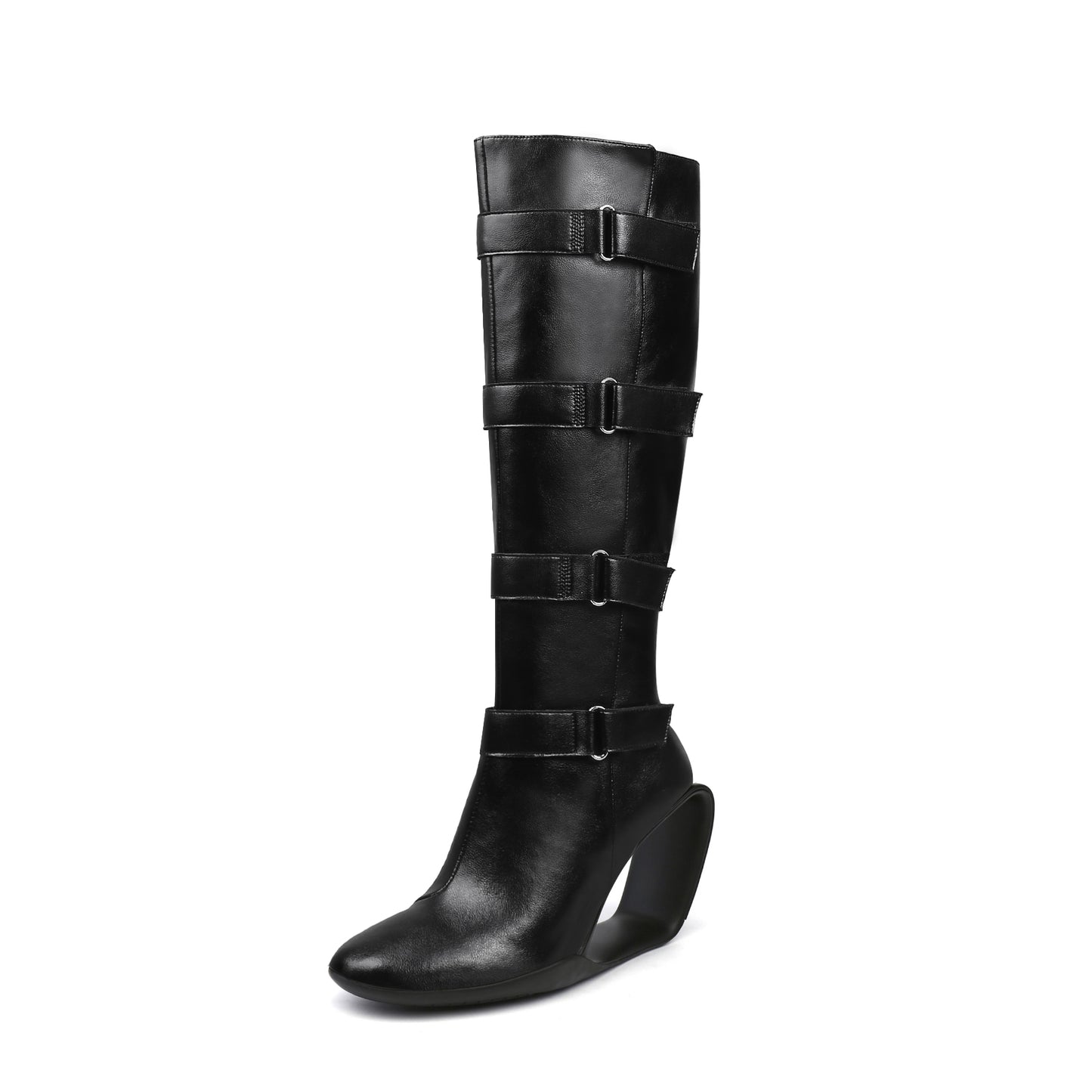black knee high multi buckle strap boots all black 2