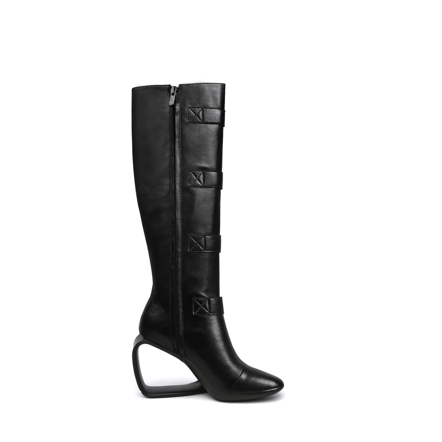 black knee high multi buckle strap boots all black 3