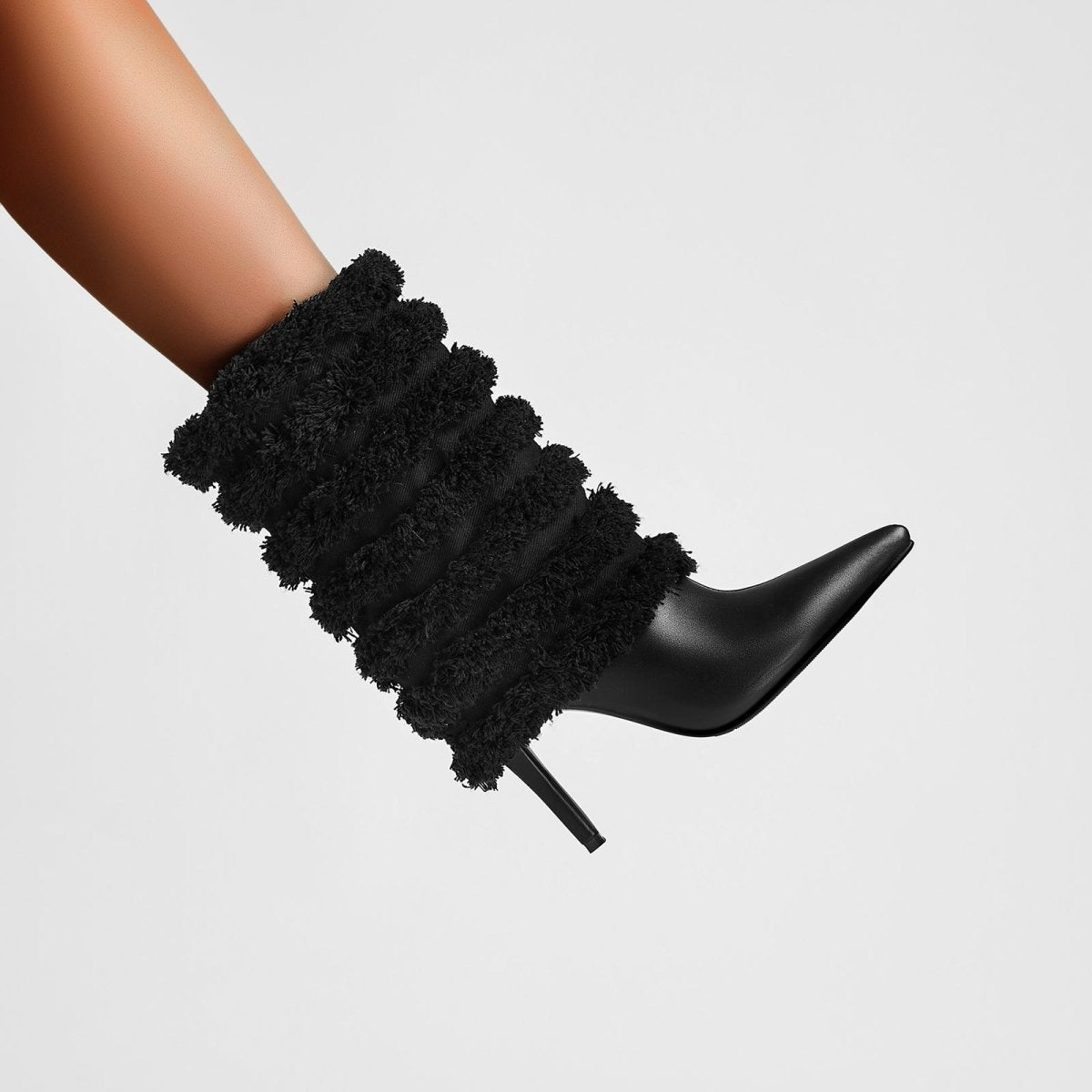 Black Leather Fur Coil Pointed Stiletto Boots - 0cm