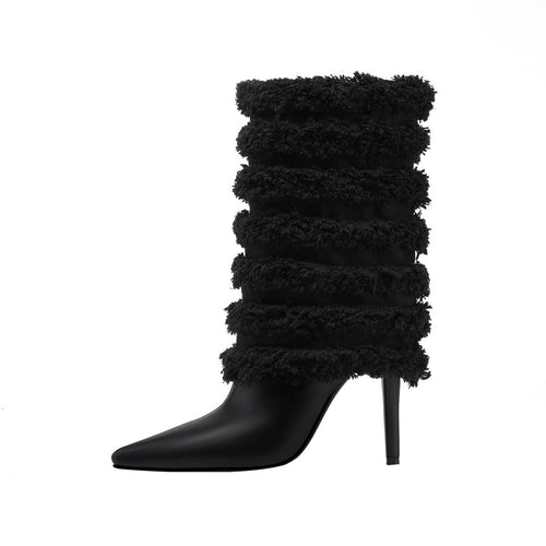Black Leather Fur Coil Pointed Stiletto Boots - 0cm