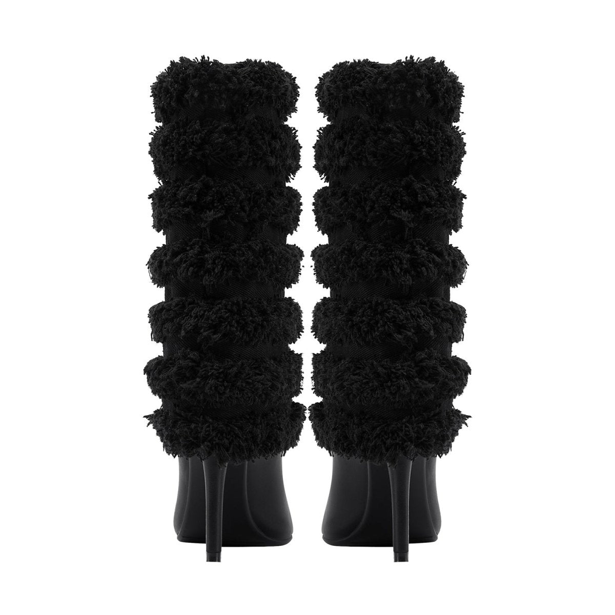 Black Leather Fur Coil Pointed Stiletto Boots - 0cm