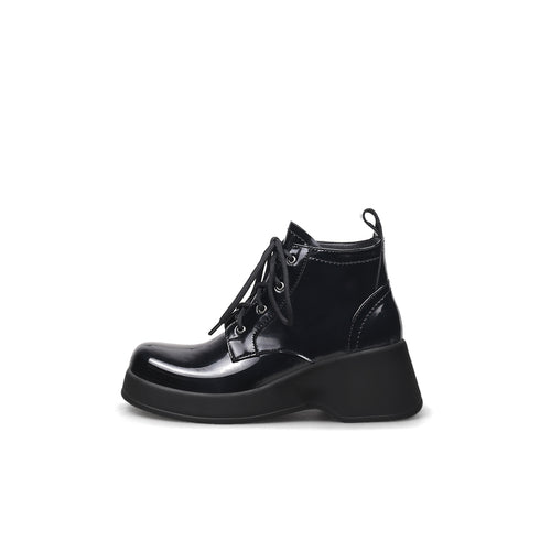 Black Leather Lace Up Low Ankle Boots