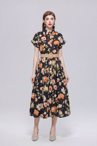 Black Poppy Floral Belted Shirt Midi Dress