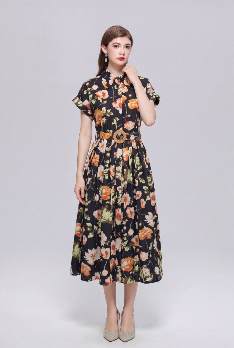 Black Poppy Floral Belted Shirt Midi Dress