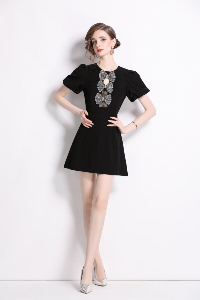 Black Puff Sleeve A Line Mini Dress - 0cm