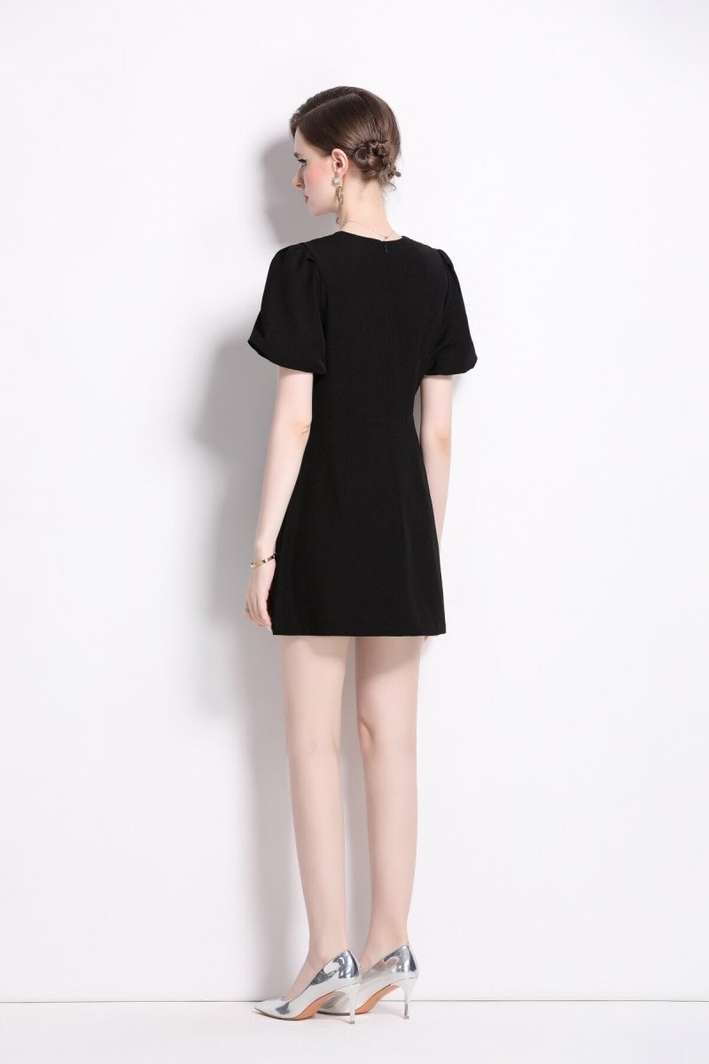 Black Puff Sleeve A Line Mini Dress - 0cm