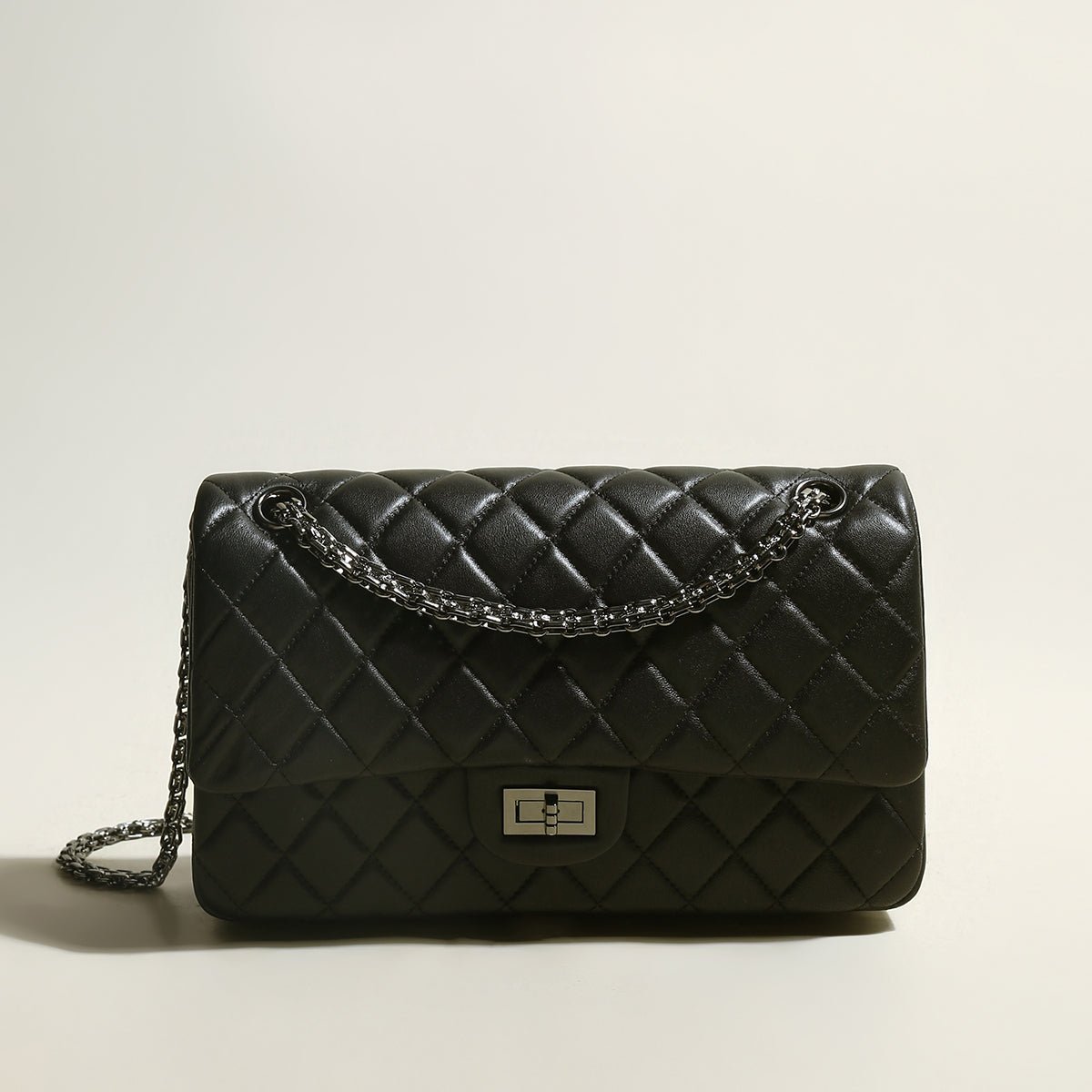 Black Quilted Caviar Leather Flap Shoulder Bag – Diamond Quilted Crossbody with Gunmetal Chain Strap