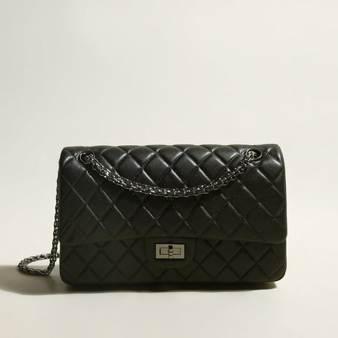 Black Quilted Caviar Leather Flap Shoulder Bag – Diamond Quilted Crossbody with Gunmetal Chain Strap