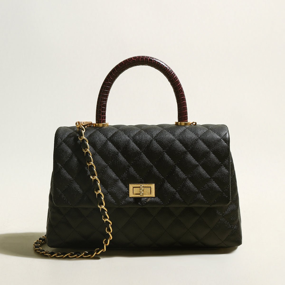 Black Quilted Caviar Leather Top Handle Bag – Quilted Flap Bag with Burgundy Croc-Embossed Handle & Chain Strap