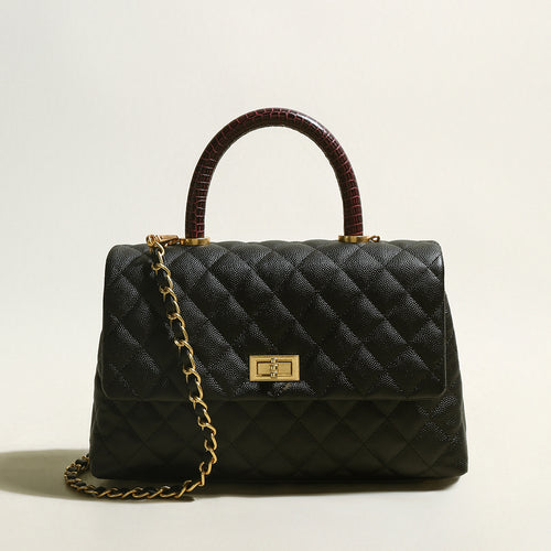 Black Quilted Caviar Leather Top Handle Bag – Quilted Flap Bag with Burgundy Croc-Embossed Handle & Chain Strap