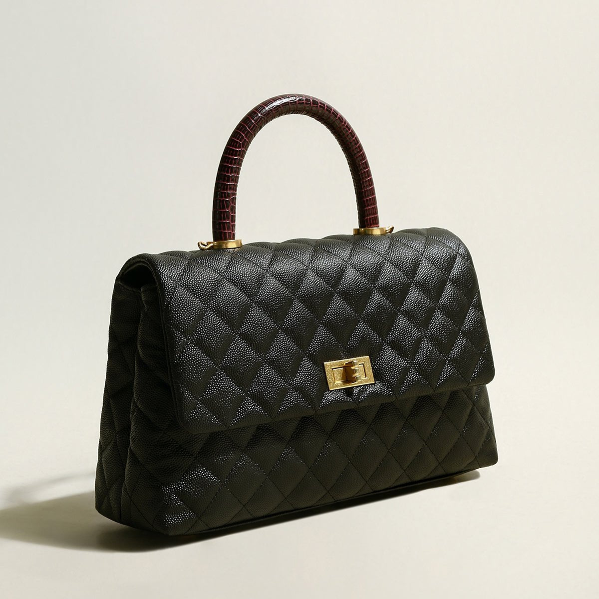 Black Quilted Caviar Leather Top Handle Bag – Quilted Flap Bag with Burgundy Croc-Embossed Handle & Chain Strap