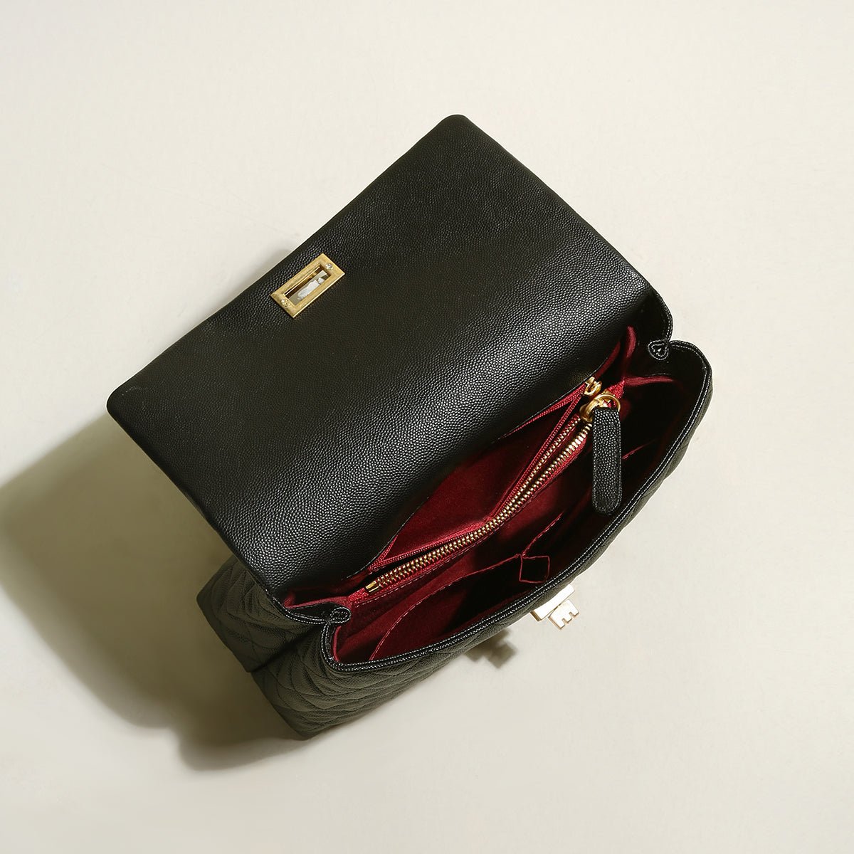Black Quilted Caviar Leather Top Handle Bag – Quilted Flap Bag with Burgundy Croc-Embossed Handle & Chain Strap