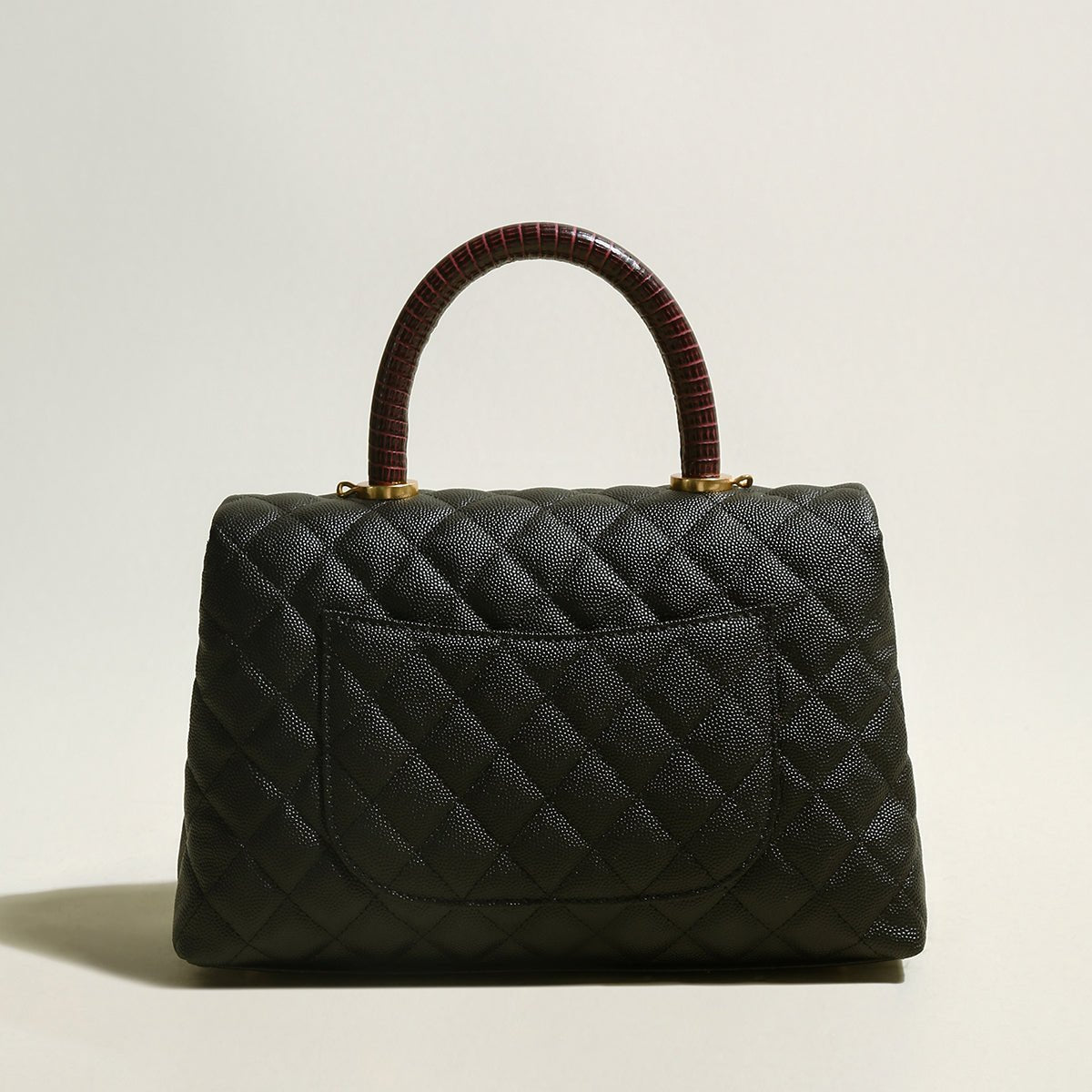 Black Quilted Caviar Leather Top Handle Bag – Quilted Flap Bag with Burgundy Croc-Embossed Handle & Chain Strap