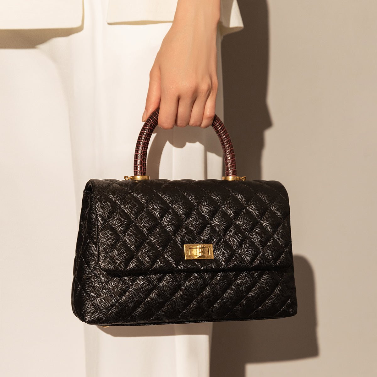 Black Quilted Caviar Leather Top Handle Bag – Quilted Flap Bag with Burgundy Croc-Embossed Handle & Chain Strap