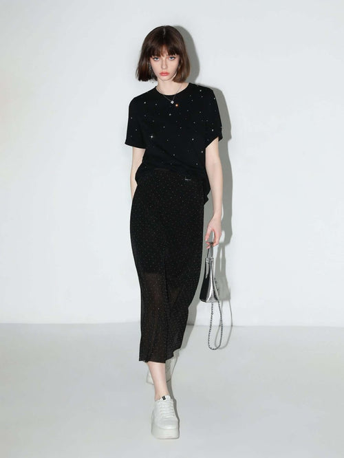 Black Rhinestone Starry Sky Short - Sleeve Tee - 0cm