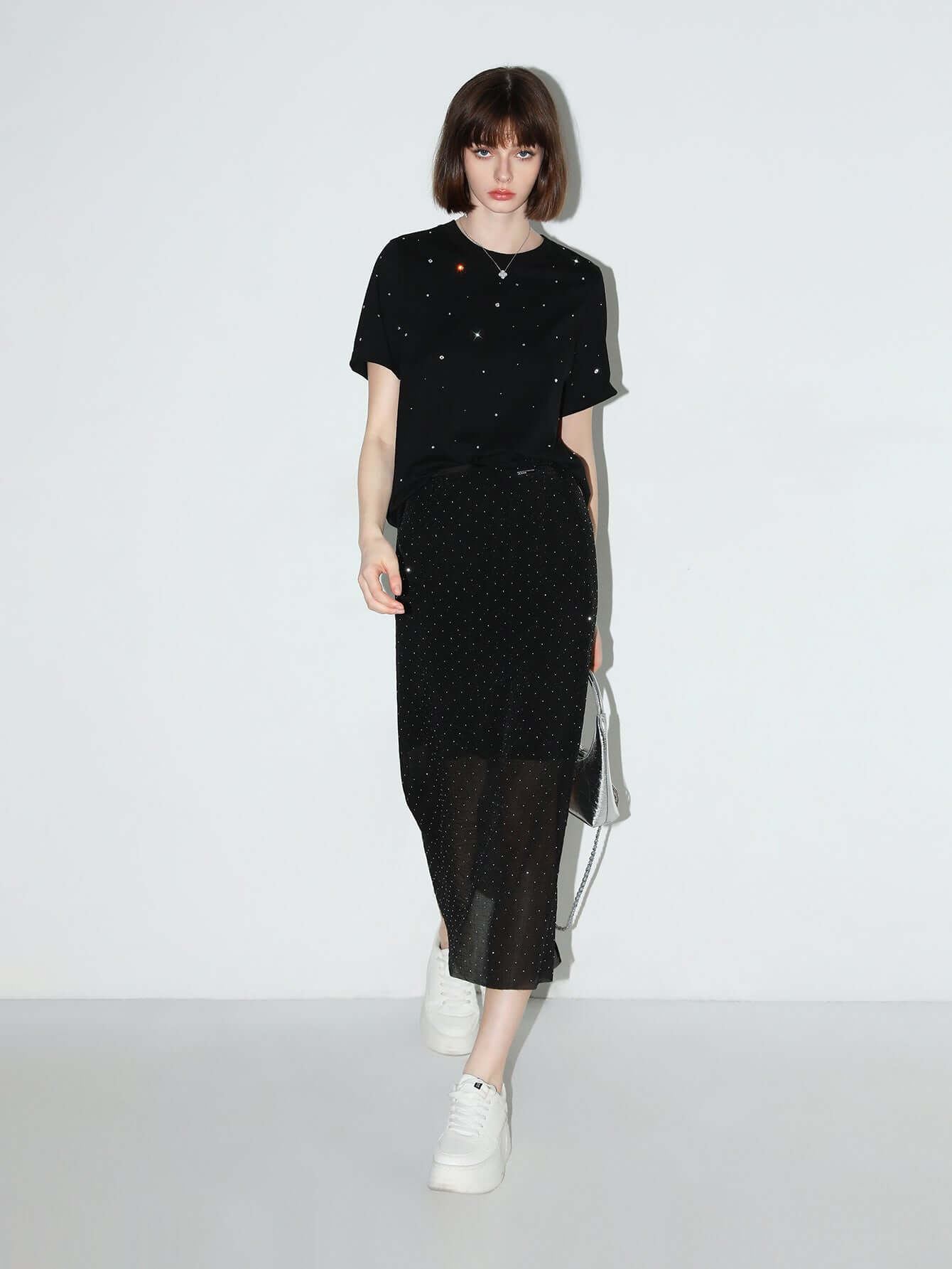 black rhinestone starry sky short sleeve tee all black 2