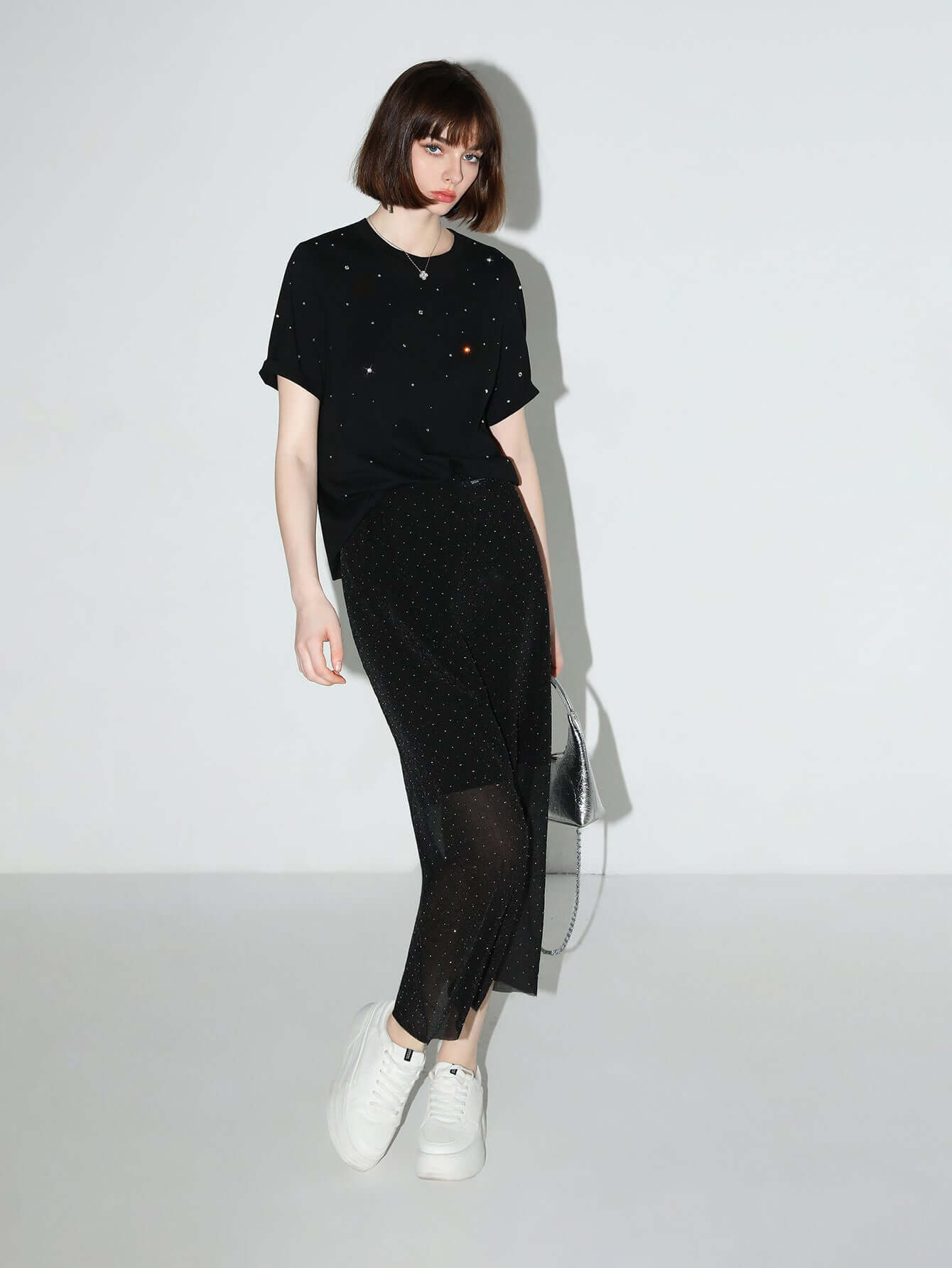 black rhinestone starry sky short sleeve tee all black 3