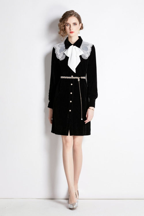 Black Velvet Embroidered Collar Button Up Long Sleeve Dress - 0cm
