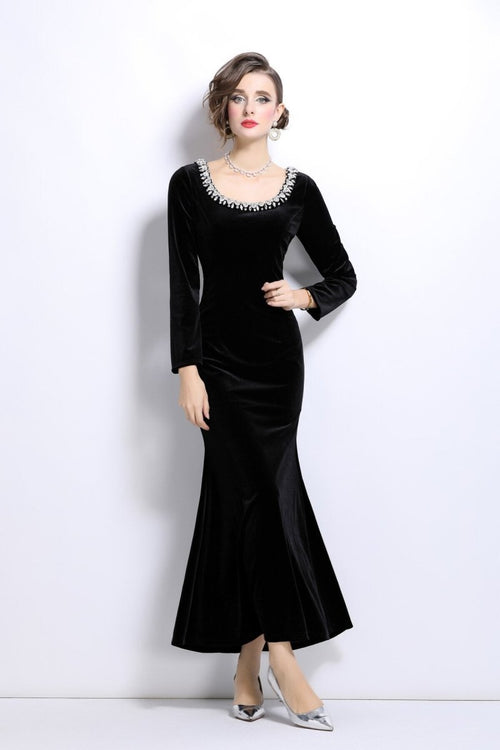 Black Velvet Vintage Fishtail Dress - 0cm