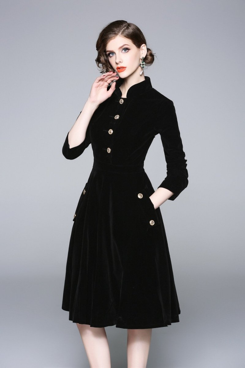 black velvet vintage stand collar fit and flare dress all black 2