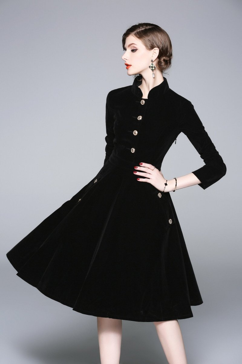 black velvet vintage stand collar fit and flare dress all black 3