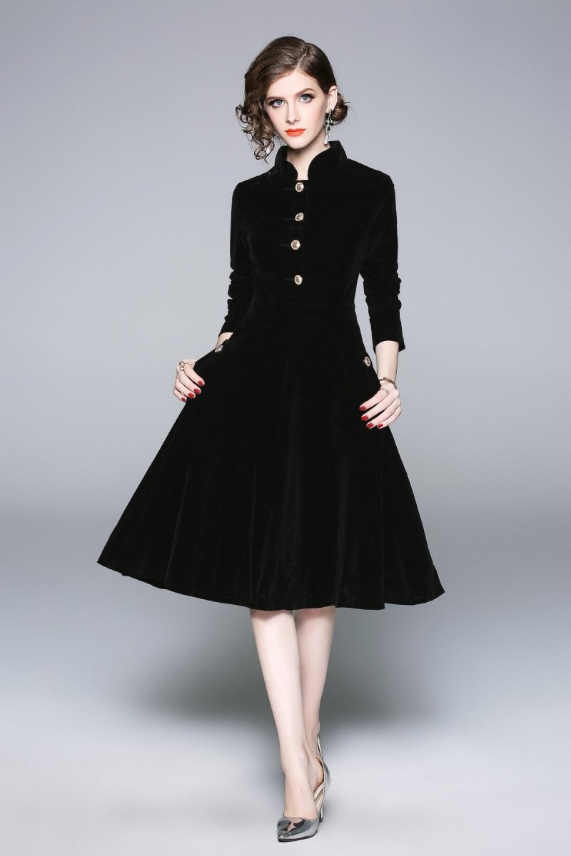 black velvet vintage stand collar fit and flare dress all black 1