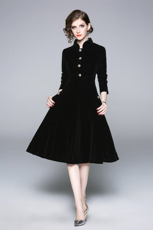 Black Velvet Vintage Stand Collar Fit and Flare Dress - 0cm