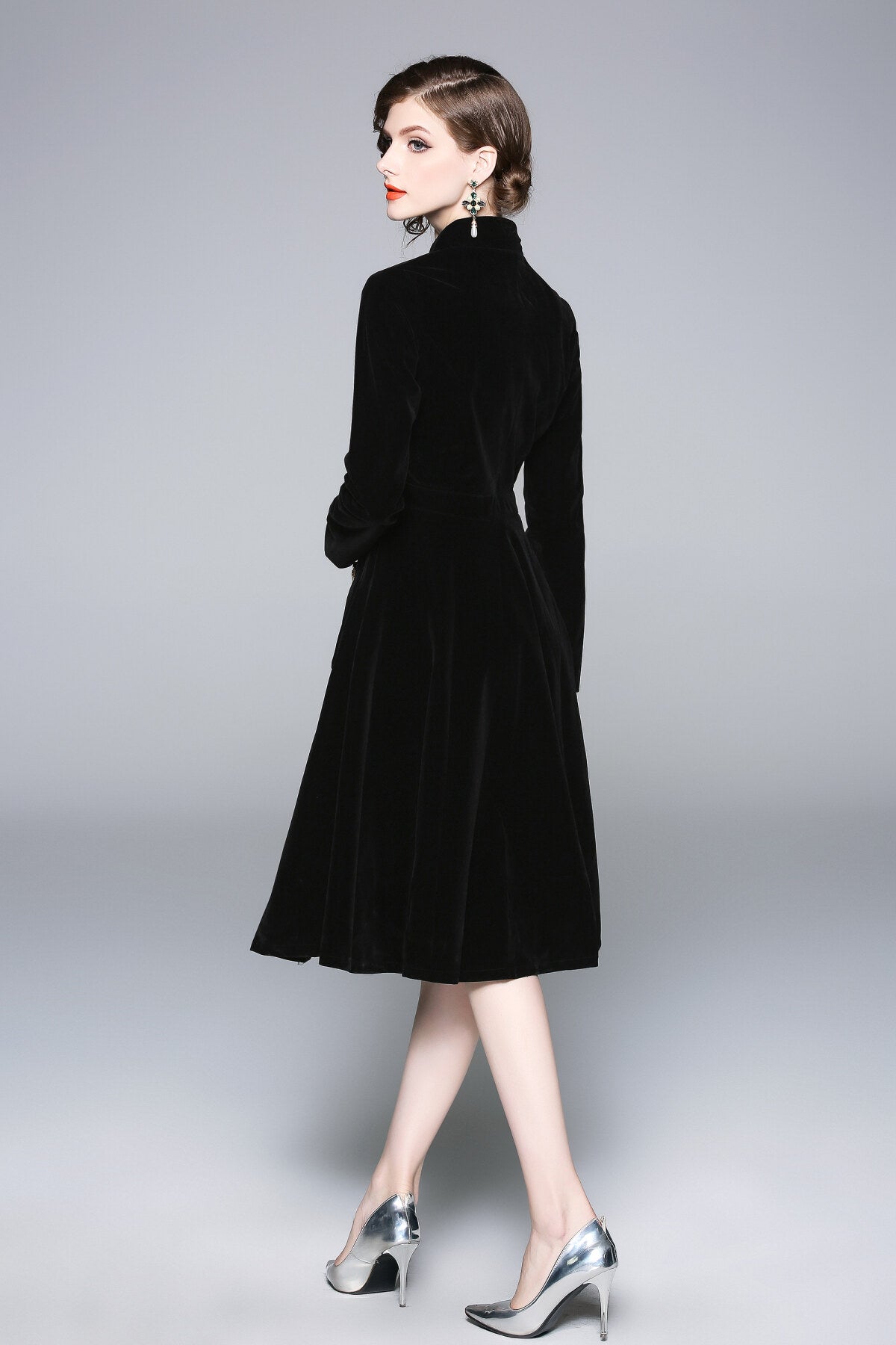 black velvet vintage stand collar fit and flare dress all black 4