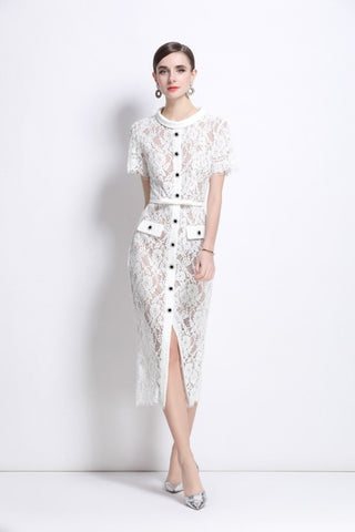 Blanca Slim Fit Round Neck Button Down Lace Dress