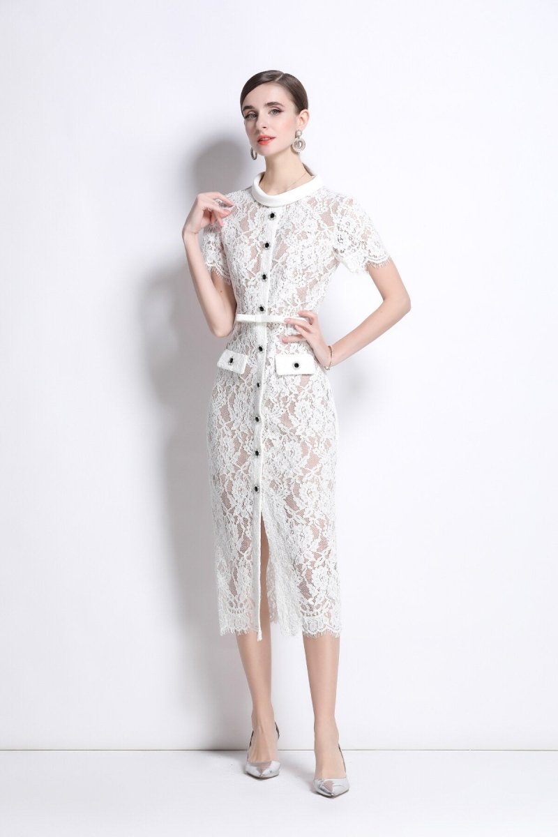 blanca slim fit round neck button down lace dress all white 2.JPG