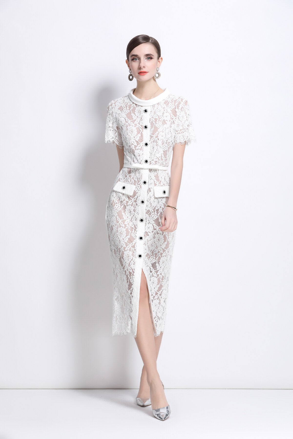 blanca slim fit round neck button down lace dress all white 1.JPG