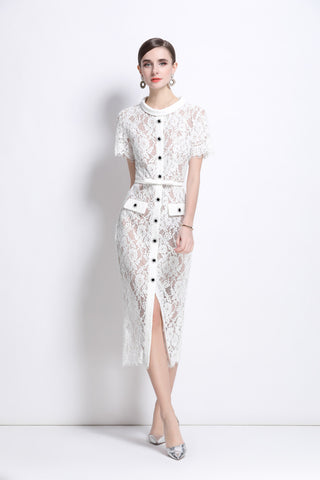 Blanca Slim Fit Round Neck Button Down Lace Dress